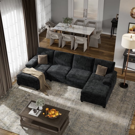 Walsunny Modern U-Shaped Sectional Sleeper Sofa with 4 Deep Seat, Modular Cloud Oversized Sofa Couch with Chenille Fabric & Double Chaise for Apartment, Black