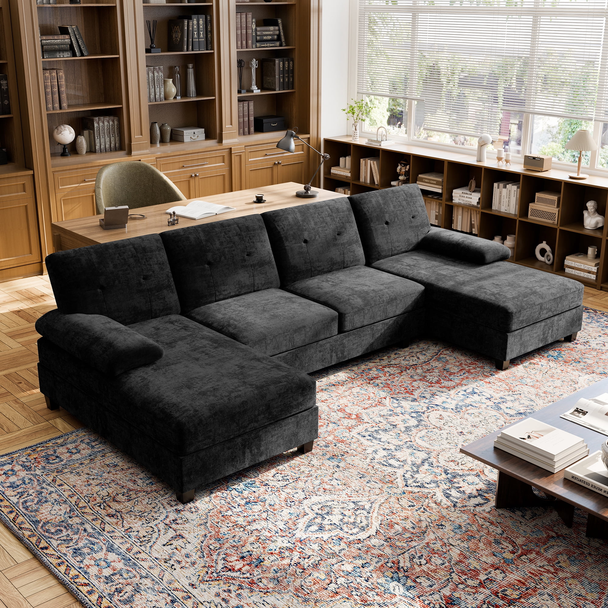 Walsunny Modern U-Shaped Sectional Sleeper Sofa with 4 Deep Seat, Modular Cloud Oversized Sofa Couch with Chenille Fabric & Double Chaise for Apartment, Black