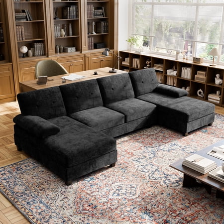 Walsunny Modern U-Shaped Sectional Sleeper Sofa with 4 Deep Seat, Modular Cloud Oversized Sofa Couch with Chenille Fabric & Double Chaise for Apartment, Black