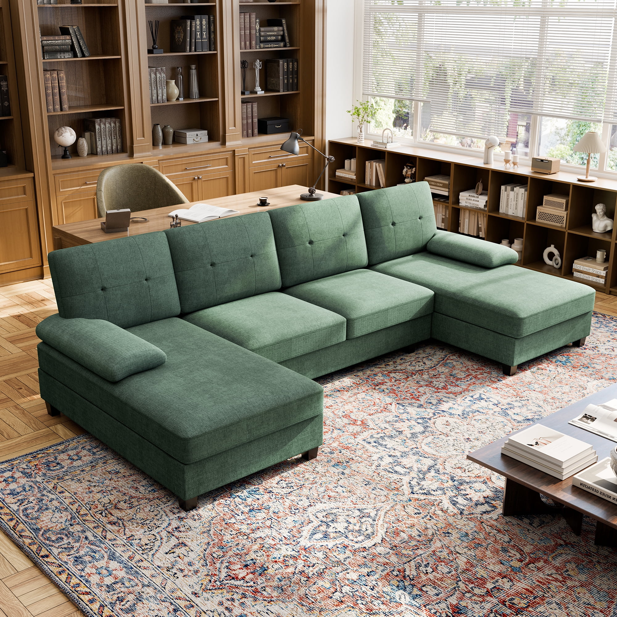 Walsunny Modern U-Shaped Sectional Sleeper Sofa with 4 Deep Seat, Modular Cloud Oversized Sofa Couch with Chenille Fabric & Double Chaise for Apartment, Green