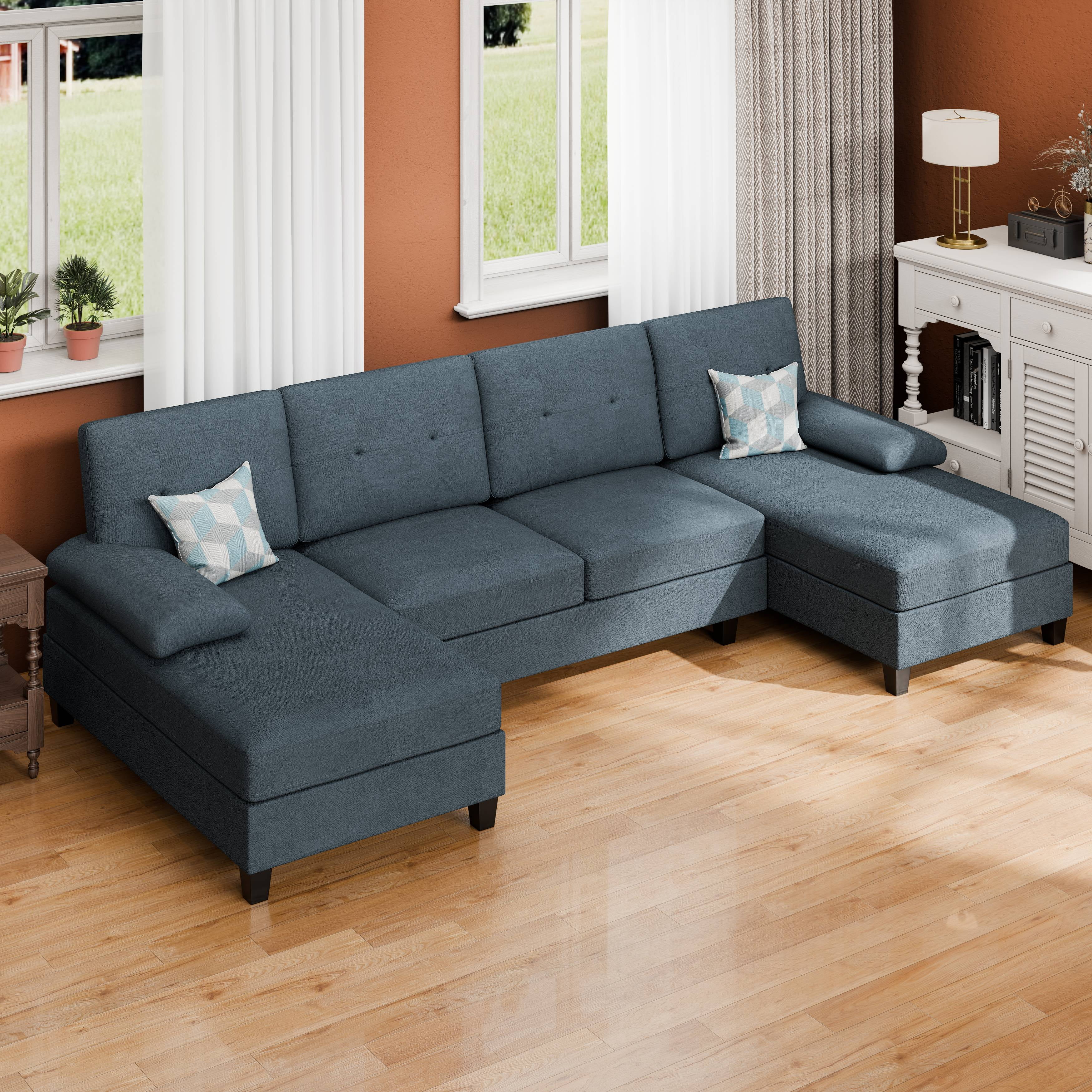 Walsunny 106.3" Modern U-Shaped Sectional Sofa with Chaise, Fabric Modular Couch, 4 Seat Oversized Sofa with Chaise for Living Room