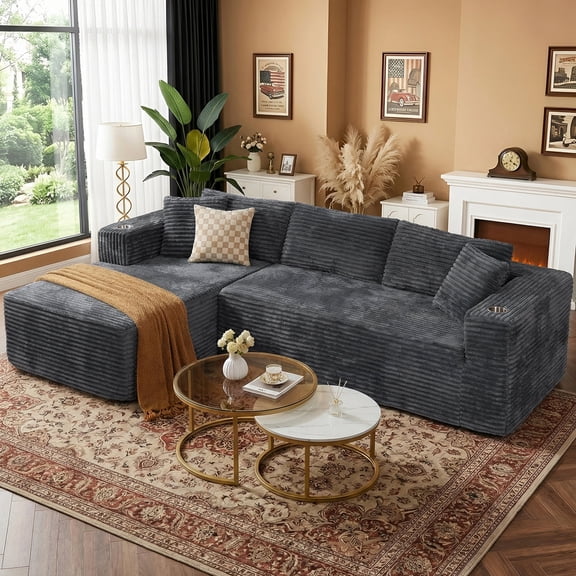 Walsunny Sectional Sofa Boneless Couch L Shaped Modular Corduroy Cloud Couch with Cup Holder for Living Room Drak Gray