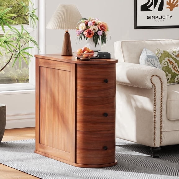 Walsunny Solid End Table with 3 Drawers, Narrow Sofa Side Table with Storage, Vintage Slim Bedside Table Curved Wood Side Table for Living Room, Entryway, Bedroom, Cherry Finish