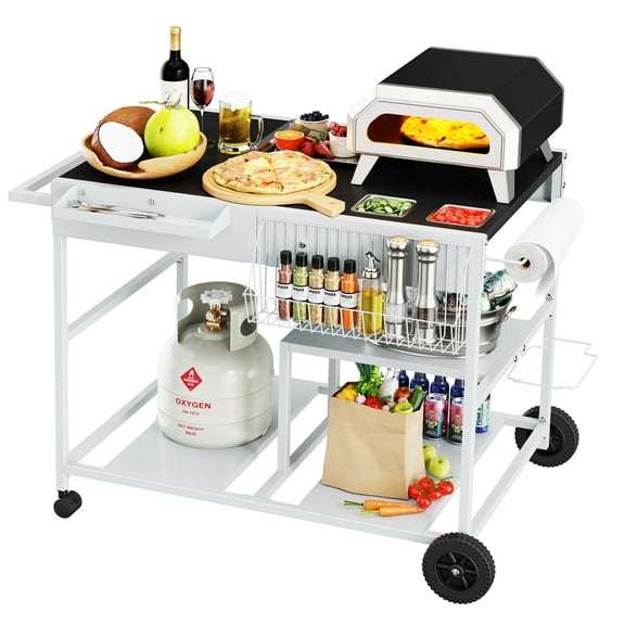 Walsunny Outdoor Pizza Oven Grill Stand,Outdoor Cooking Cart with Wheels, Multi-Functional Prep Station, Compatible with Ninja Woodfire Grill, Cuisinart Grill, Blackstone Griddle, Seasoning Rack