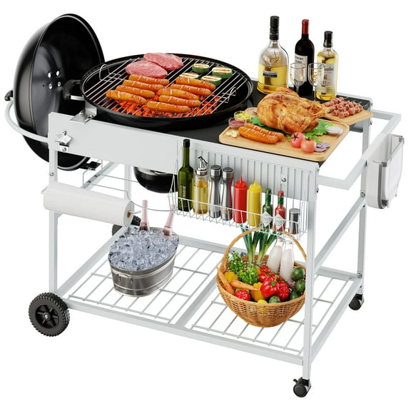 Walsunny Outdoor Grill Prep Table Cart for Weber 22"&18" Kettle, Universal Grill Table Stand Cart for Performer, Master-Touch, JumboJoe Charcoal Grills with Sliding Lid Rack, Lockable Wheels