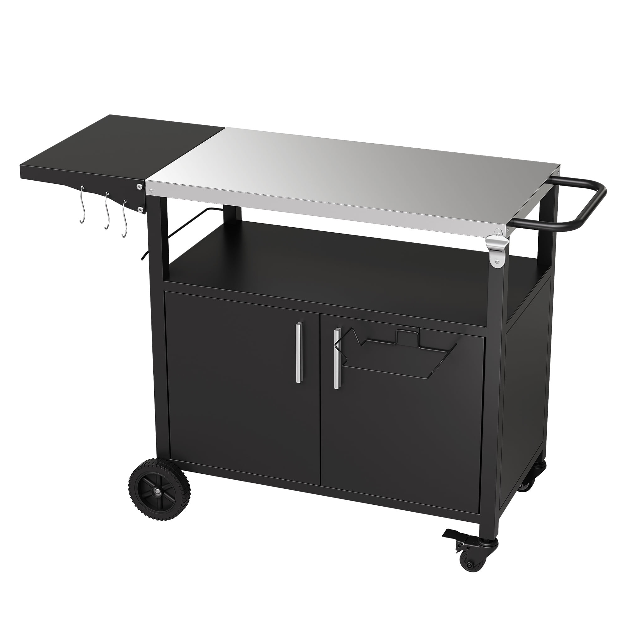 Walsunny Outdoor Grill Cart with Storage Cabinet, Outdoor Kitchen Island on Wheels, BBQ Grill Prep Table Movable Patio Storage Counter Foldable Tabletop, Black