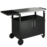 Walsunny Outdoor Grill Cart with Storage Cabinet, Outdoor Kitchen Island on Wheels, BBQ Grill Prep Table Movable Patio Storage Counter Foldable Tabletop, Black