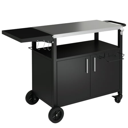 Walsunny Outdoor Grill Cart with Storage Cabinet, Outdoor Kitchen Island on Wheels, BBQ Grill Prep Table Movable Patio Storage Counter Foldable Tabletop, Black