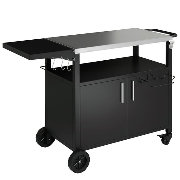 Walsunny Outdoor Grill Cart with Storage Cabinet, Outdoor Kitchen Island on Wheels, BBQ Grill Prep Table Movable Patio Storage Counter Foldable Tabletop, Black