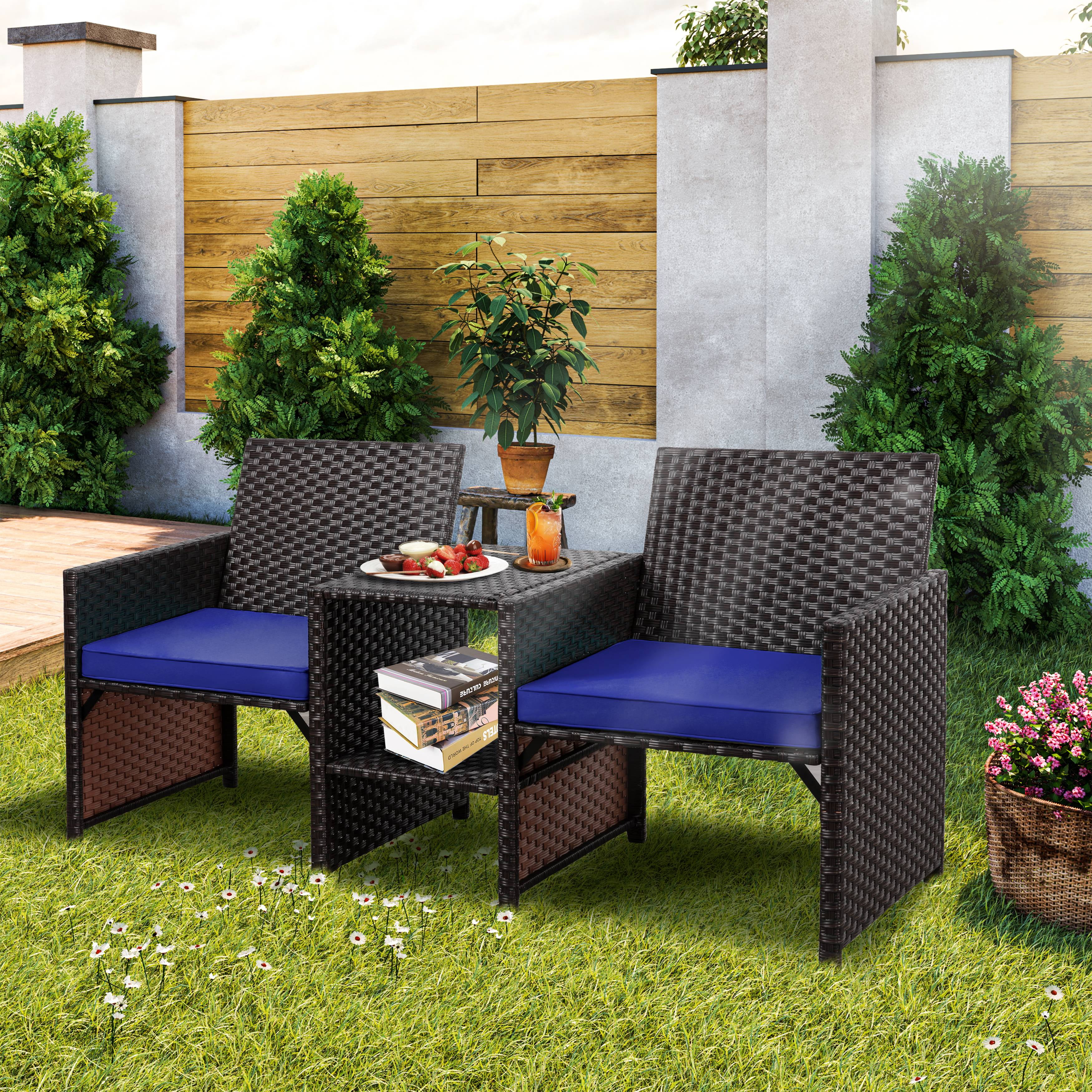 Costway 3PCS Heavy Duty Outdoor Patio Rattan Furniture Set Sofa Coffee Table Red Walmart