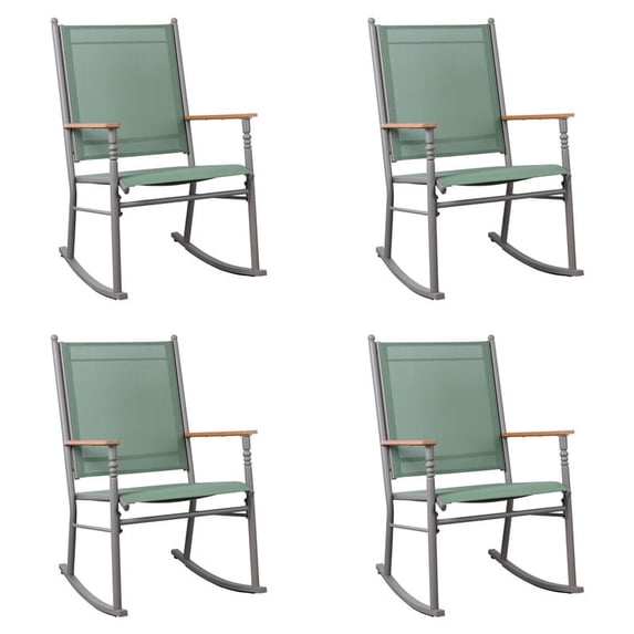 Walsunny outdoor patio rocking chairs set of 4, green metal frame, breathable fabric, wooden armrests