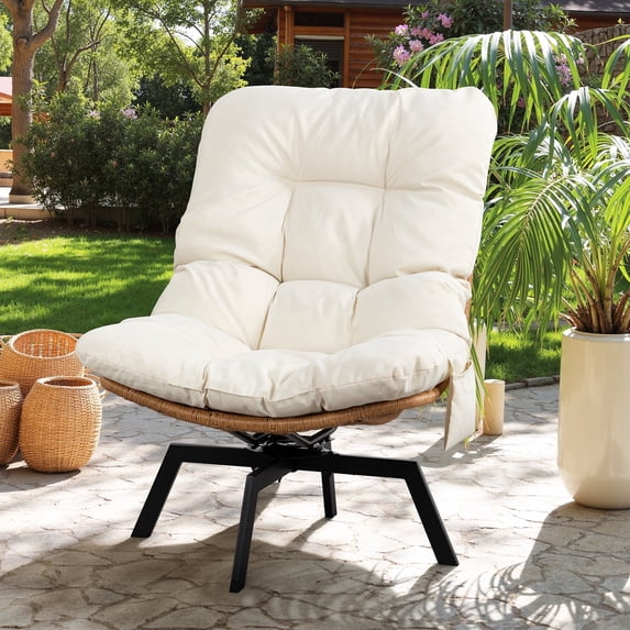 Walsunny Outdoor Wicker Swivel Chair,360°Oversized Patio Papasan Chair with Soft Thick Cushion and Sturdy Steel Frame,Modern Rattan Lounge Chair for Living Room,Nature Rattan/Beige Cushion