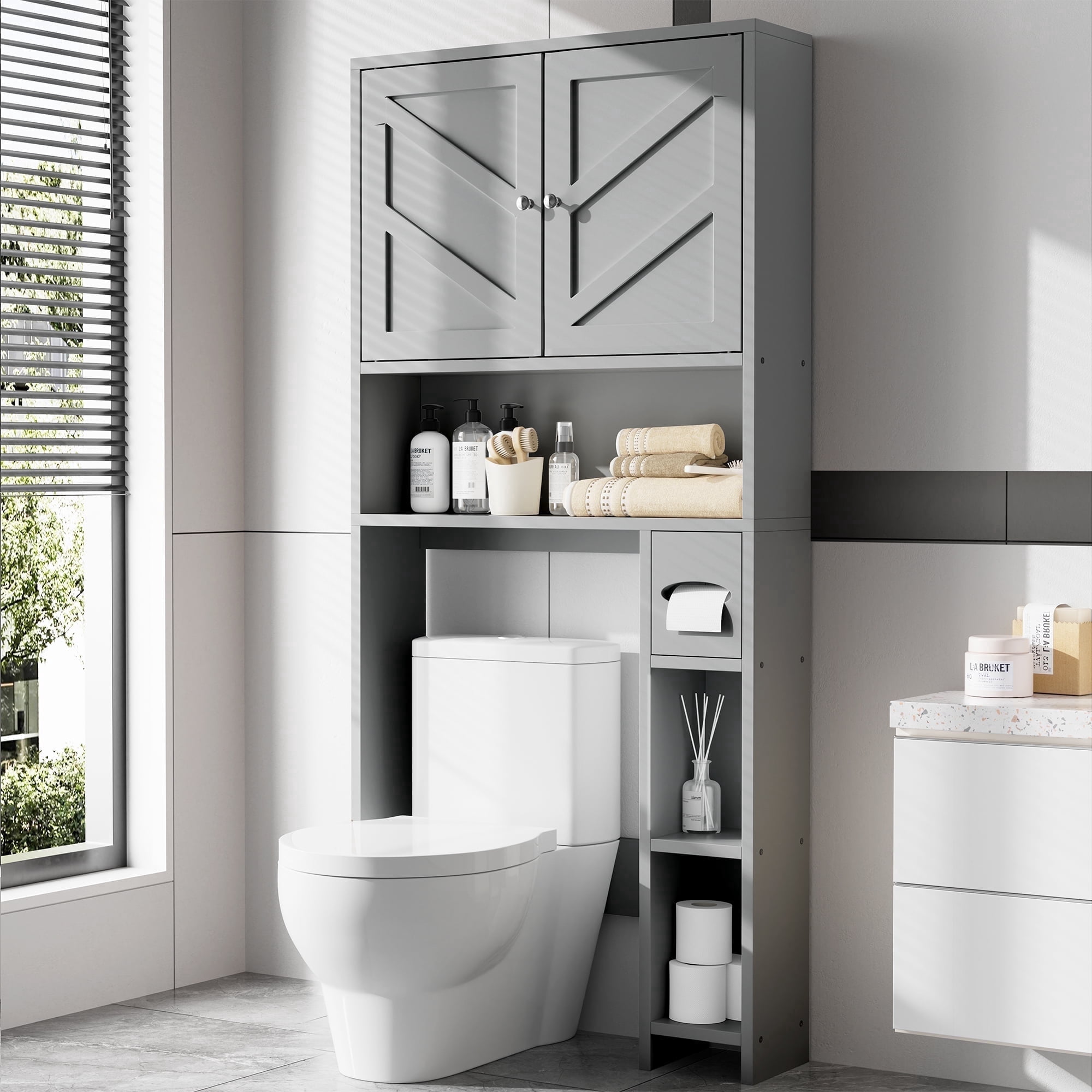Walsunny Over the Toilet Storage Cabinet with Doors Side Storage Toilet Paper Holder Stand Space Saver Shelf Organizer Rack Freestanding for Restroom Bathroom Laundry Gray