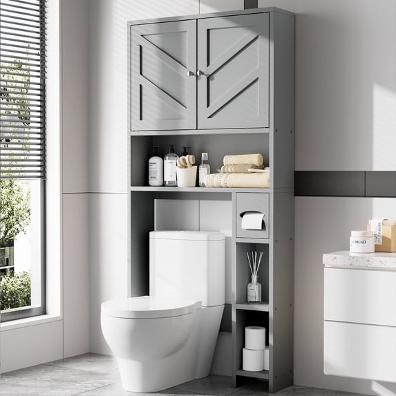 Walsunny Over the Toilet Storage Cabinet with Doors Side Storage Toilet Paper Holder Stand Space Saver Shelf Organizer Rack Freestanding for Restroom Bathroom Laundry Gray
