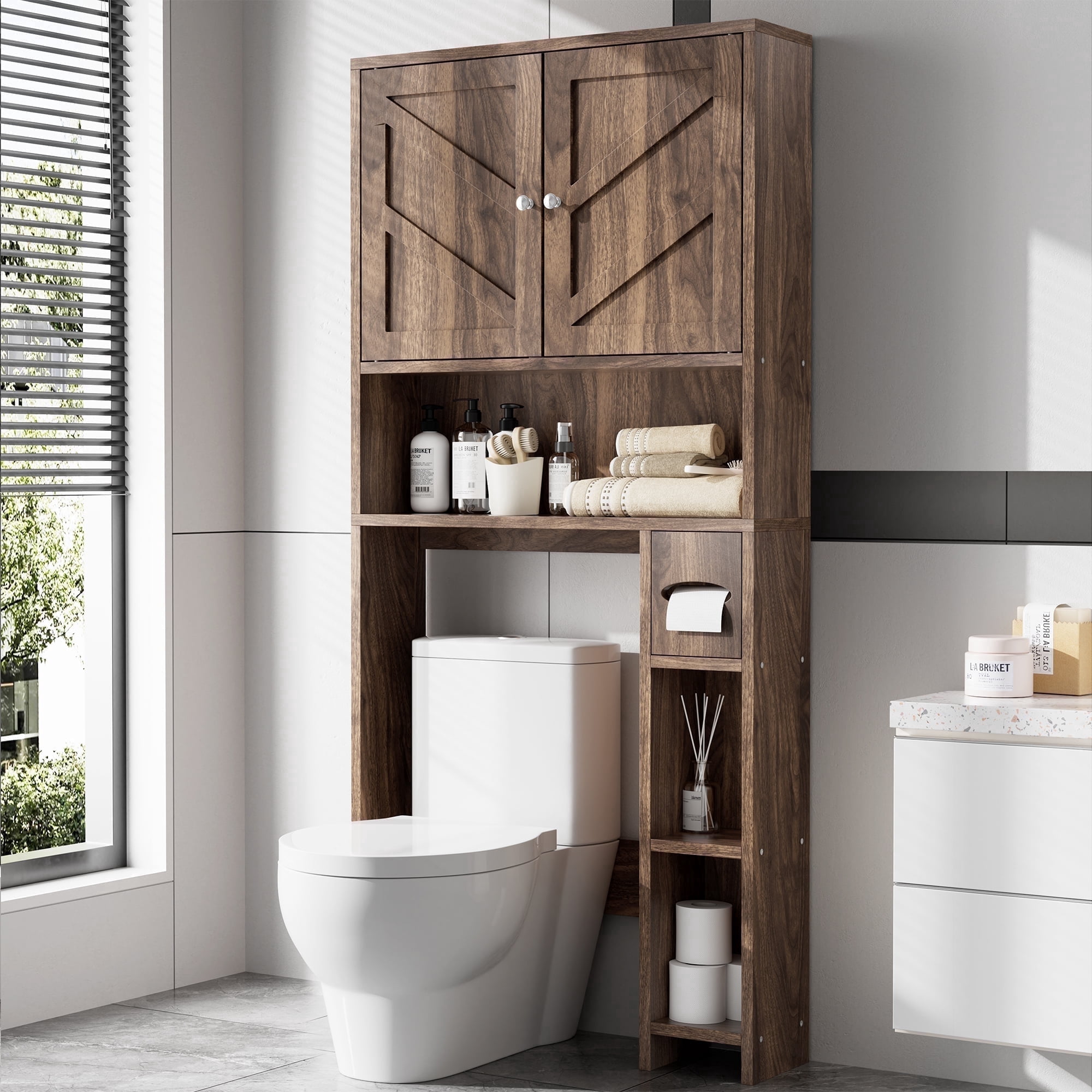 Walsunny Over the Toilet Storage Cabinet with Doors Side Storage Toilet Paper Holder Stand Space Saver Shelf Organizer Rack Freestanding for Restroom Bathroom Laundry Walnut