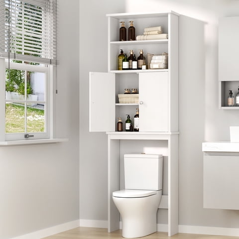 Walsunny Over the Toilet Storage Cabinets Wood Bathroom Organizer Shelf Rack Space Saver with 2 Doors 4 Shelves Anti-Tip Device White