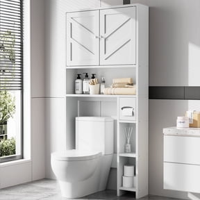 Walsunny Over the Toilet Storage Cabinet with Doors Side Storage Toilet Paper Holder Stand Space Saver Shelf Organizer Rack Freestanding for Restroom Bathroom Laundry White