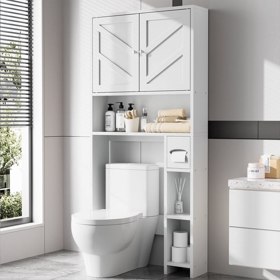 Walsunny Over the Toilet Storage Cabinet with Doors Side Storage Toilet Paper Holder Stand Space Saver Shelf Organizer Rack Freestanding for Restroom Bathroom Laundry White