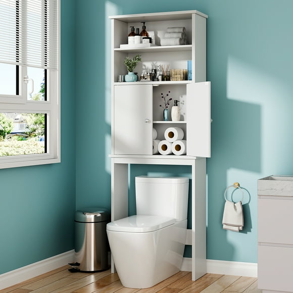 Walsunny Over The Toilet Storage Cabinet,Bathroom Adjustable Shelf Organizer with Open Bottom Bar and Anti-Tip Device White