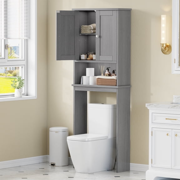 Walsunny Over The Toilet Storage Cabinet Bathroom Shelves Organizer Space Saver Freestanding Restroom Shelf with Doors Anti-Tip Device Adjustable Shelf Gray