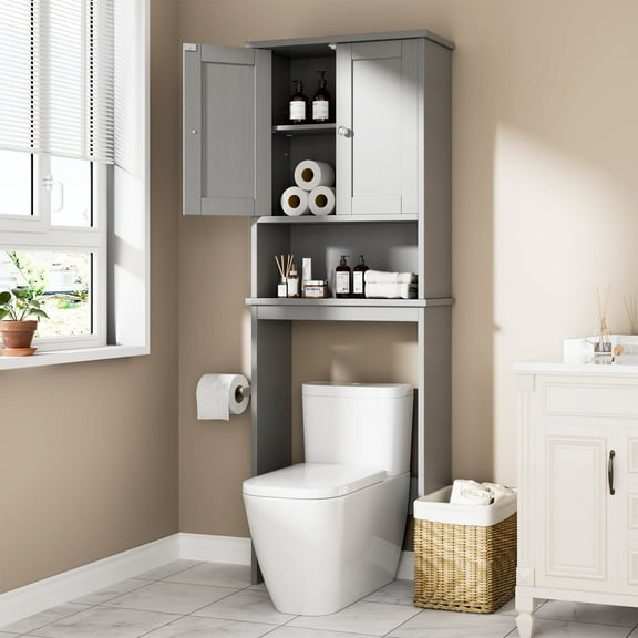 Walsunny Over The Toilet Storage Cabinet Bathroom Shelves Organizer Space Saver Freestanding Restroom Shelf with Doors Anti-Tip Device Adjustable Shelf Gray