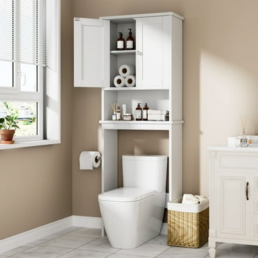 Walsunny Over The Toilet Storage Cabinet Bathroom Shelves Organizer Space Saver Freestanding Restroom Shelf with Doors Anti-Tip Device Adjustable Shelf White