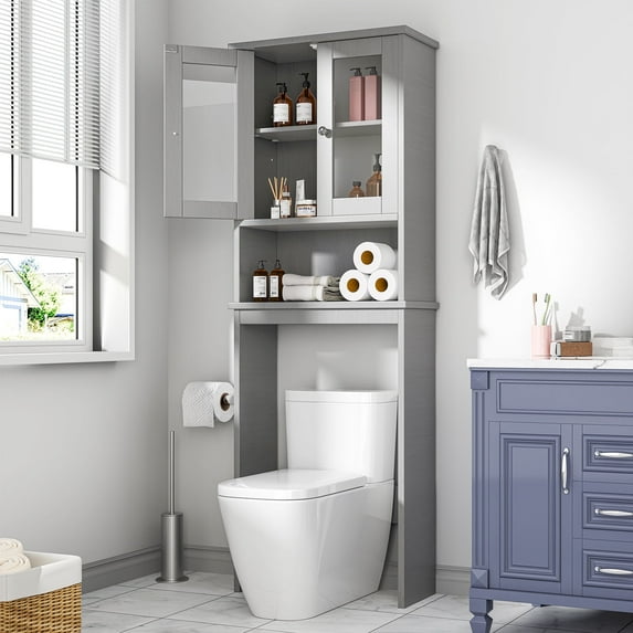 Walsunny Over The Toilet Storage Cabinet Bathroom Shelves Organizer Space Saver Freestanding Restroom Shelf with Tempered Glass Doors Anti-Tip Device Adjustable Shelf Gray