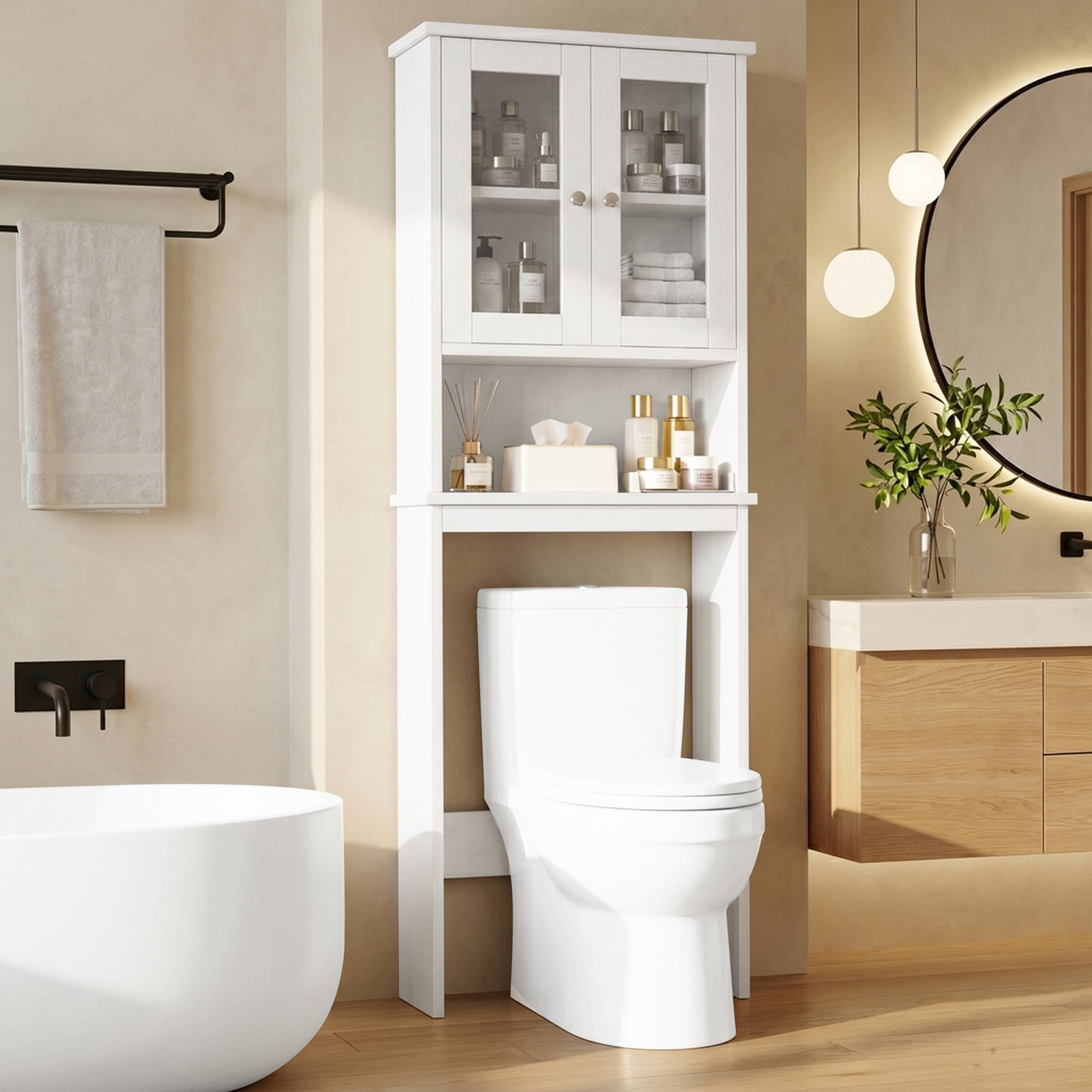 Walsunny Over The Toilet Storage Cabinet Bathroom Shelves Organizer Space Saver Freestanding Restroom Shelf with Tempered Glass Doors Anti-Tip Device Adjustable Shelf White