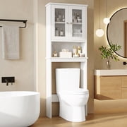 Walsunny Over The Toilet Storage Cabinet Bathroom Shelves Organizer Space Saver Freestanding Restroom Shelf with Tempered Glass Doors Anti-Tip Device Adjustable Shelf White