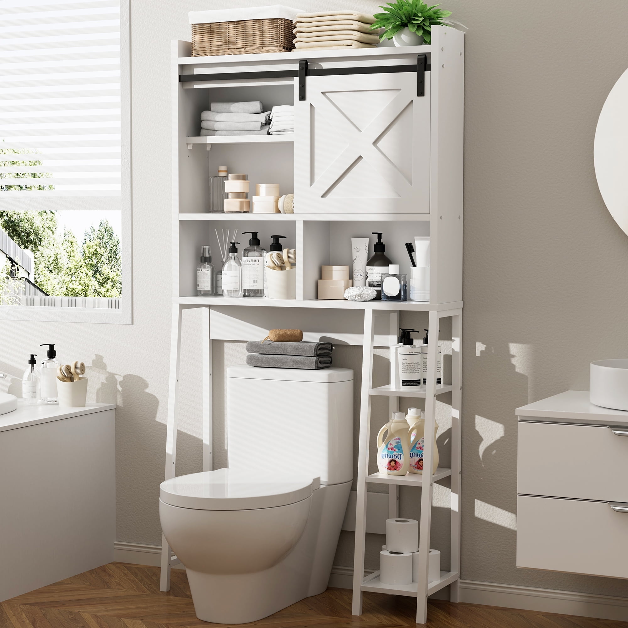 Walsunny Over the Toilet Storage Cabinet with Side Shelves Sliding Door ...