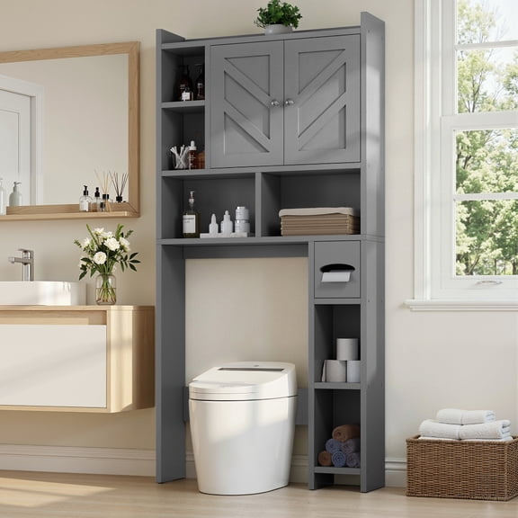 Walsunny Over the Toilet Storage Cabinets with Doors Side Shelves Toilet Paper Holder Stand Organizer Shelf Rack Space Saver above behind Toilet Freestanding for Bathroom Restroom Laundry Gray