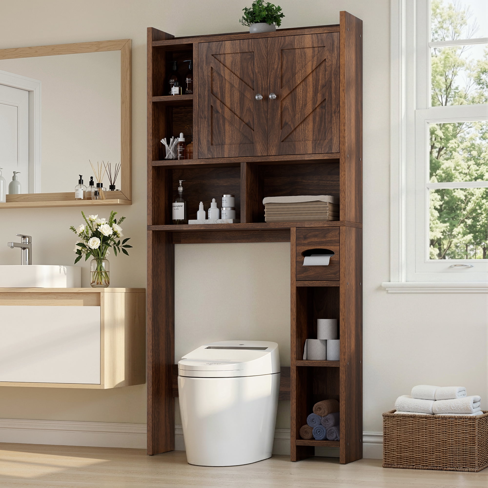 Walsunny Over the Toilet Storage Cabinets with Doors Side Shelves Toilet Paper Holder Stand Organizer Shelf Rack Space Saver above behind Toilet Freestanding for Bathroom Restroom Laundry Walnut