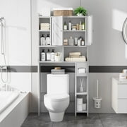 Walsunny Over the Toilet Storage Cabinets with Doors Side Shelves Toilet Paper Holder Stand Organizer Shelf Rack Space Saver above behind Toilet Freestanding for Bathroom Restroom Laundry White