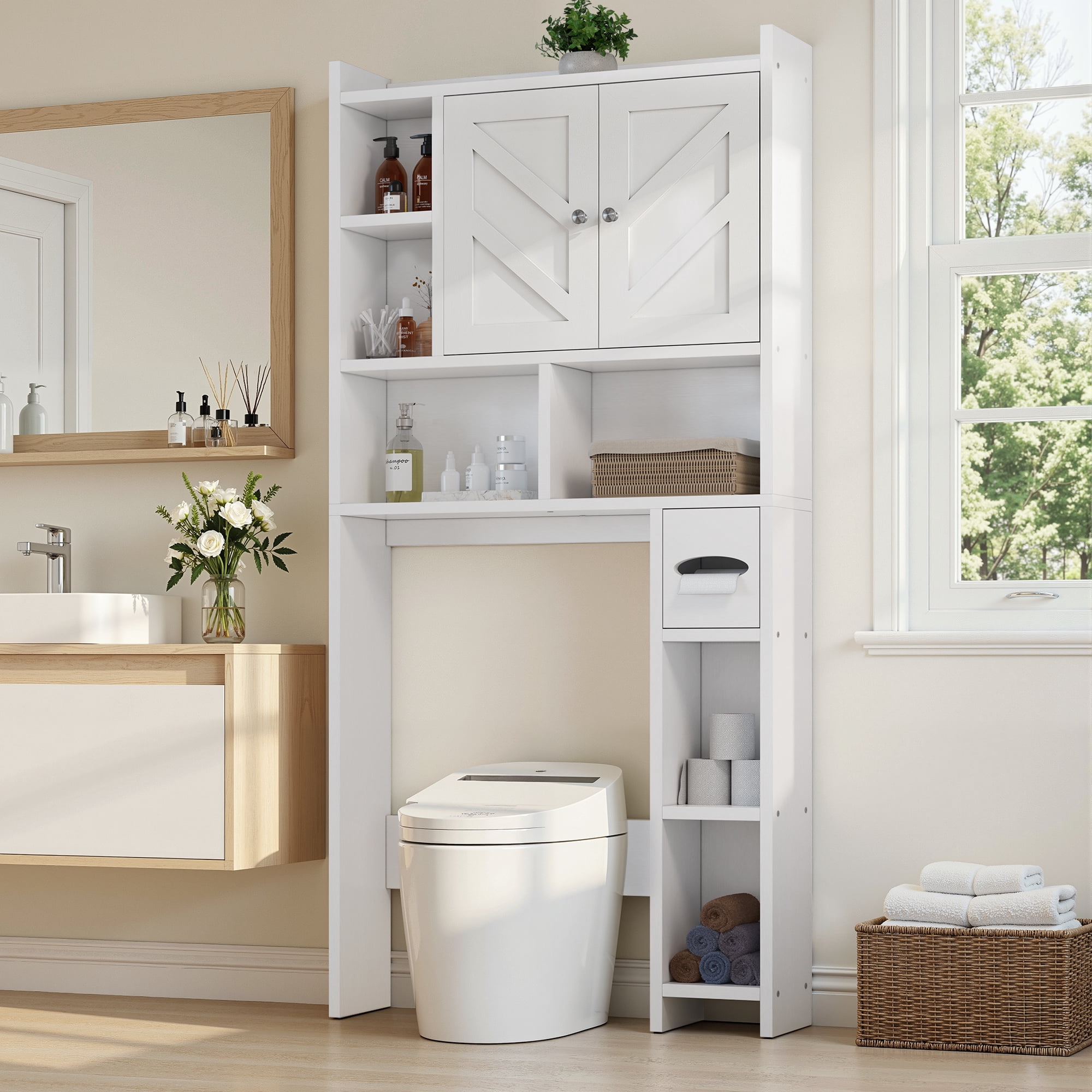 Walsunny Over the Toilet Storage Cabinets with Doors Side Shelves Toilet Paper Holder Stand Organizer Shelf Rack Space Saver above behind Toilet Freestanding for Bathroom Restroom Laundry White