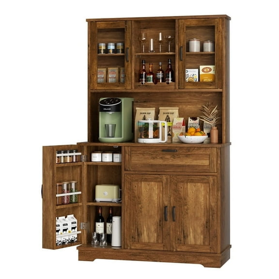 Walsunny Pantry Cabinet with Microwave Shelf Doors Drawer for Kitchen Storage 68" Tall Kitchen Food Cabinet Pantry Organizer Shelves Coffee Bar Cabinet with Hutch Brown