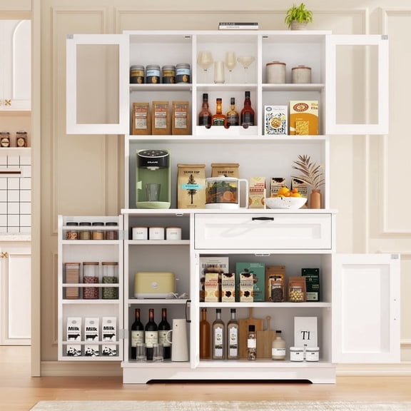 Walsunny Pantry Cabinet with Microwave Shelf Doors Drawer for Kitchen Storage 68" Tall Kitchen Food Cabinet Pantry Organizer Shelves Coffee Bar Cabinet with Hutch White
