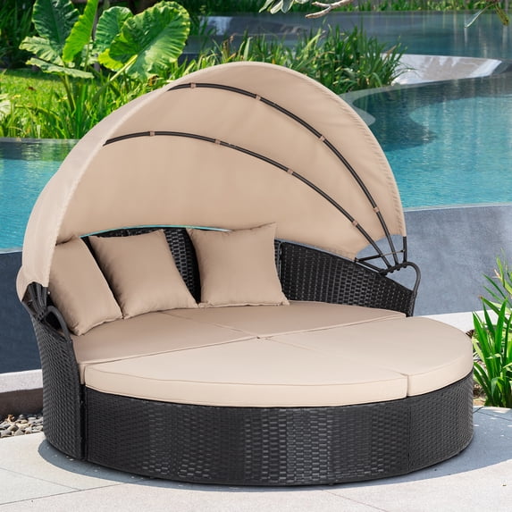 Walsunny Patio Furniture Outdoor Round Daybed with Retractable Canopy Wicker Rattan, Seating Separates Cushioned Seats