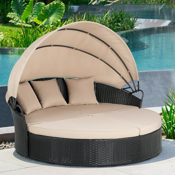 Walsunny Patio Furniture Outdoor Round Daybed with Retractable Canopy Wicker Rattan, Seating Separates Cushioned Seats