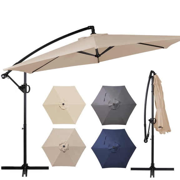 Walsunny 9FT Outdoor Hanging Offset Cantilever Umbrella with Cross Base, Patio Market Umbrella with Crank Sun Shade Canopy, Khaki
