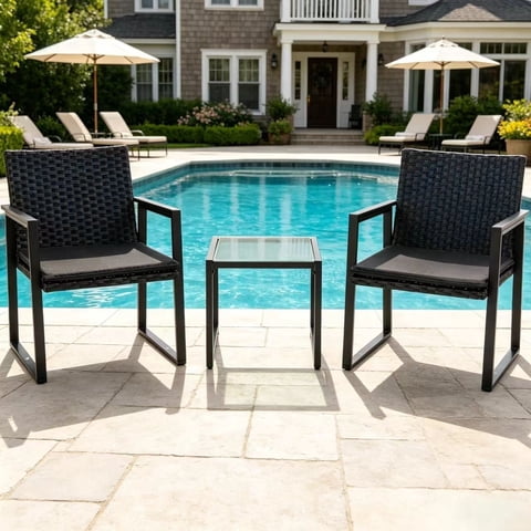 Walsunny 3 Piece Modern Patio Bistro Set,All-Weather Patio Furniture Set with Glass Top Coffee Table,Rattan Conversation Set with Cushions and Side Table for Balcony Porch Garden Backyard,Black
