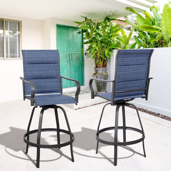 Walsunny 2 Piece Outdoor Swivel Metal Bar Stools Patio Height Textilene Chairs with High Back and Armrest, Dark Blue