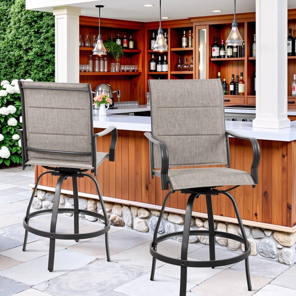 Walsunny Patio Swivel Bar Stools Set of 2, Outdoor Bar Height Patio Stools & Bar Chairs with High Back and Armrest for Backyard, Lawn Garden, Balcony and Pool , Gray