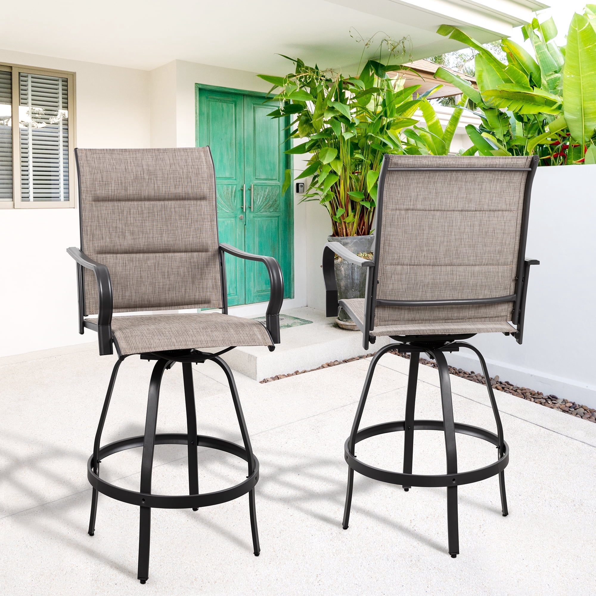 Walsunny 2 Piece Outdoor Swivel Metal Bar Stools Patio Height Textilene Chairs with High Back and Armrest, Gray