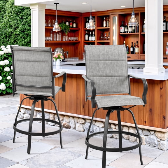 Walsunny Patio Swivel Bar Stools Set of 2, Outdoor Bar Height Patio Stools & Bar Chairs with High Back and Armrest for Backyard, Lawn Garden, Balcony and Pool , Light Gray