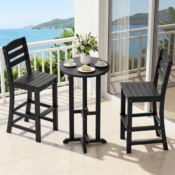 Walsunny Polywood Outdoor Bar Furniture Set,HDPE Tall Adirondack Chairs Set of 3,All Weather Bar Stool Set for Patio Balcony,Poolside, Garden,Black