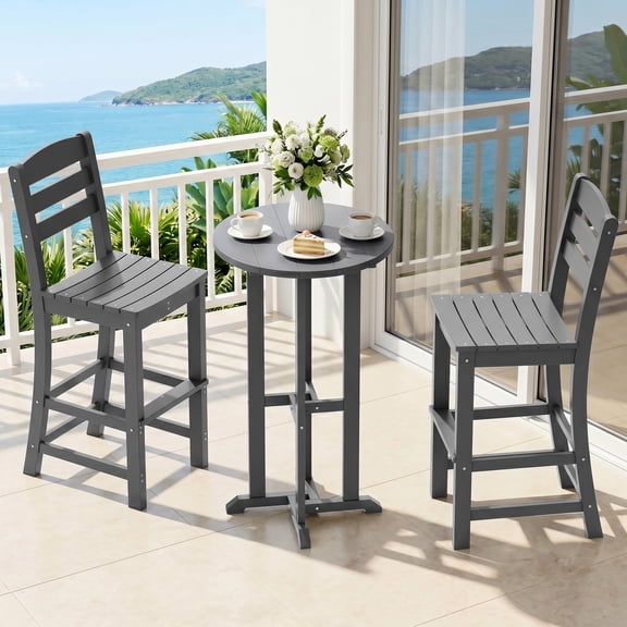 Walsunny Polywood Outdoor Bar Furniture Set,HDPE Tall Adirondack Chairs Set of 3,All Weather Bar Stool Set for Patio Balcony,Poolside, Garden,Gray