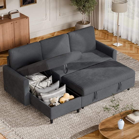 Walsunny Pull Out Sofa Bed, Corduroy Sleeper Sofa Bed with Reversible Chaise & Hidden Storage, Pull Out Couch, Big Sectionals for Living Room, Dark Gray