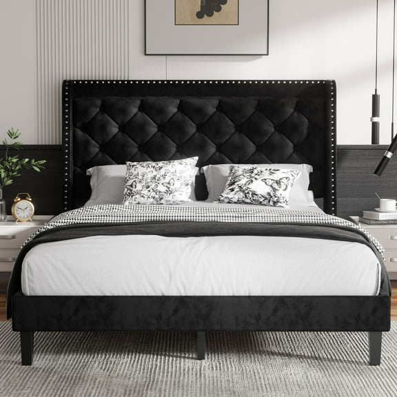 Walsunny Queen Bed Frame with Storage, Upholstered Platform Bed with Diamond Tufted Headboard and Wingbacks, Wooden Slats Support Easy Assembly, Velvet Black