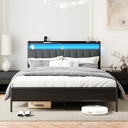 Walsunny Queen Bed Frame with Led Light, Metal Platform Bed with Charging Station and Linen Fabric Storage Headboard, Strong Metal Slats