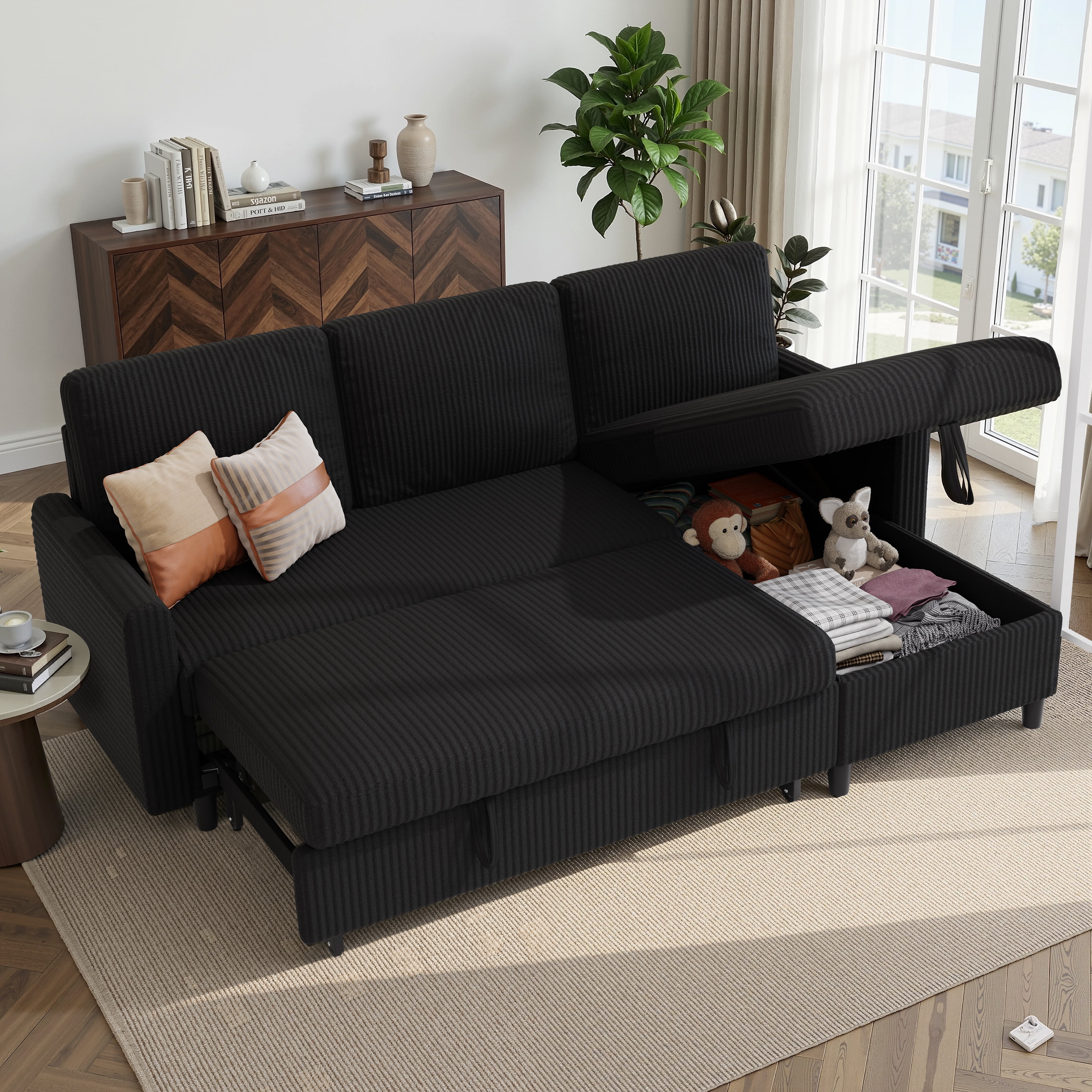 Walsunny Pull Out Sectional Sleeper Sofa Bed L Shape Couches with Reversible Storage Chaise for Living Rooms Small Rooms Apartment,Black